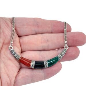 Estate Sterling Silver 925 Green & Black Onyx Carnelian Marcasite Necklace 18"
